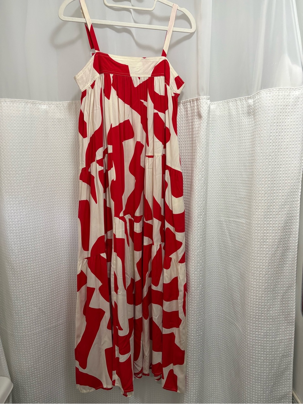 Abel the Label red and cream maxi dress with side pockets.